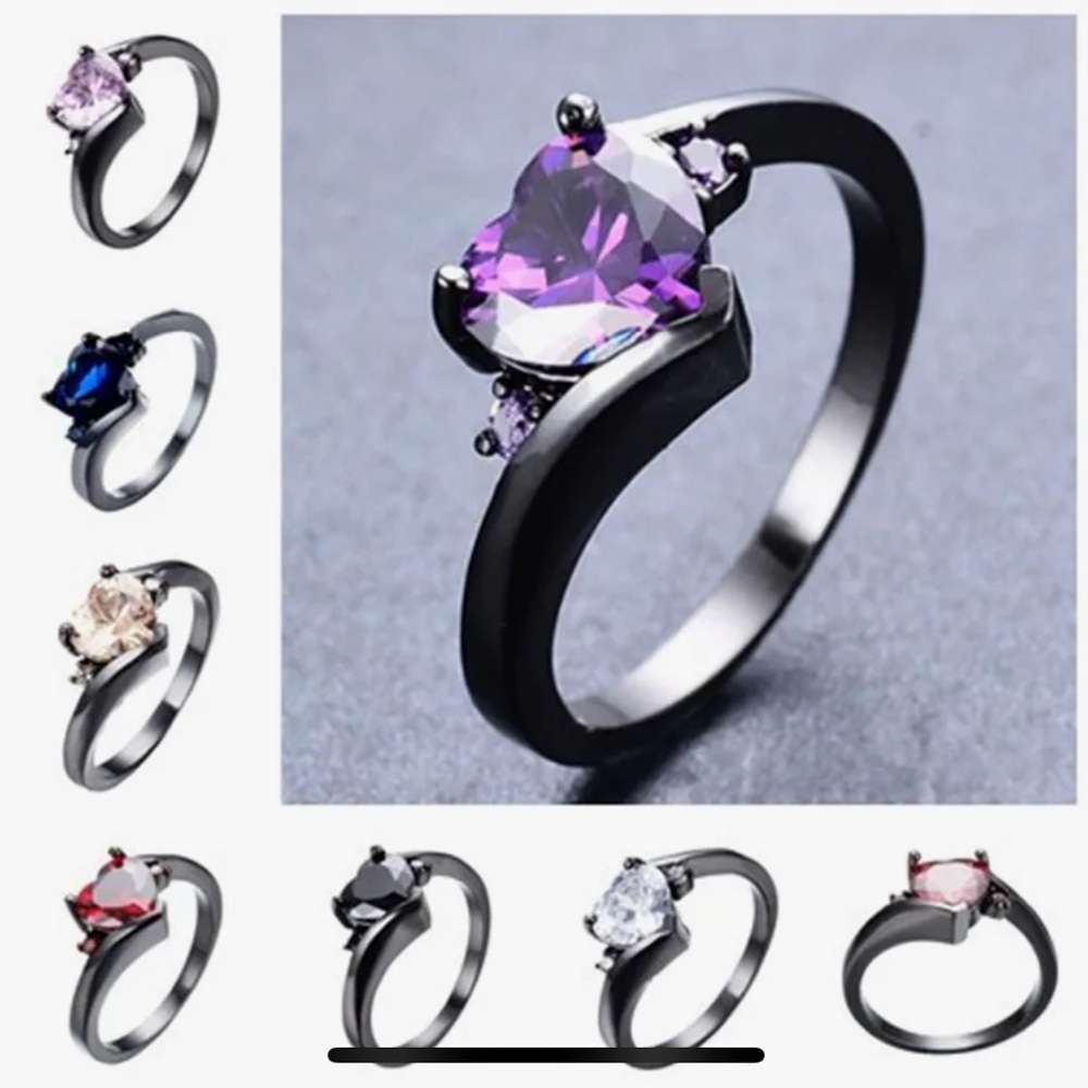 Heart Shaped Purple/Pink/Cream Cubic Zirconia Black Gold Ring Jewelry Size 9/6